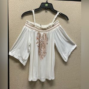 🌾 FORGOTTEN GRACE Women Peasant Blouse Ivory Brown Tribal 3/4 Sleeve Boho